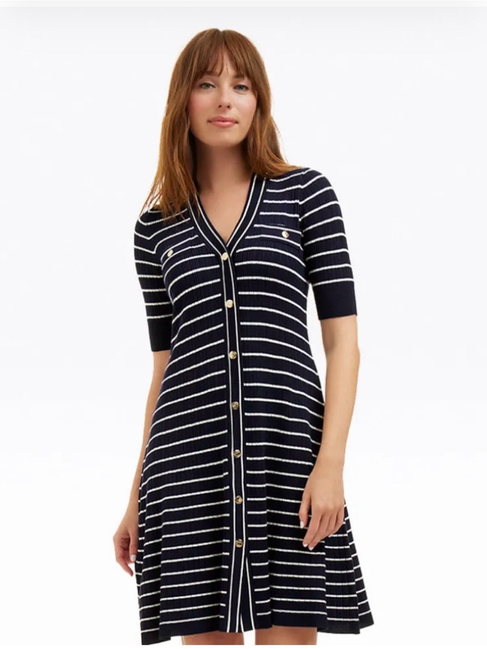 Draper James Navy and White Striped Button-Front Knit Dress